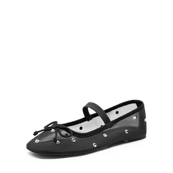 Sheer Mesh Rhinestones Ballet Flats - BLACK -  0